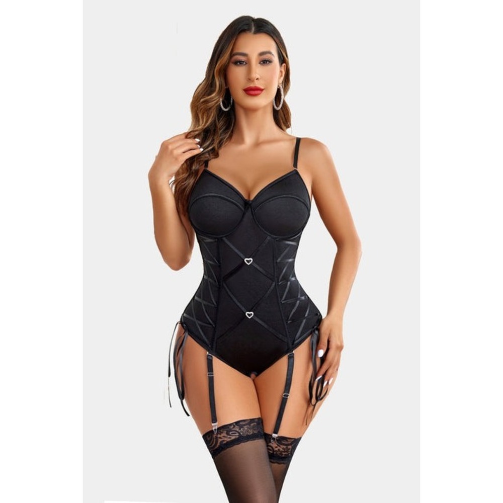 Avidlove Black Lace Ribbon Rhinestone Teddie Lingerie Bodysuit XXL New